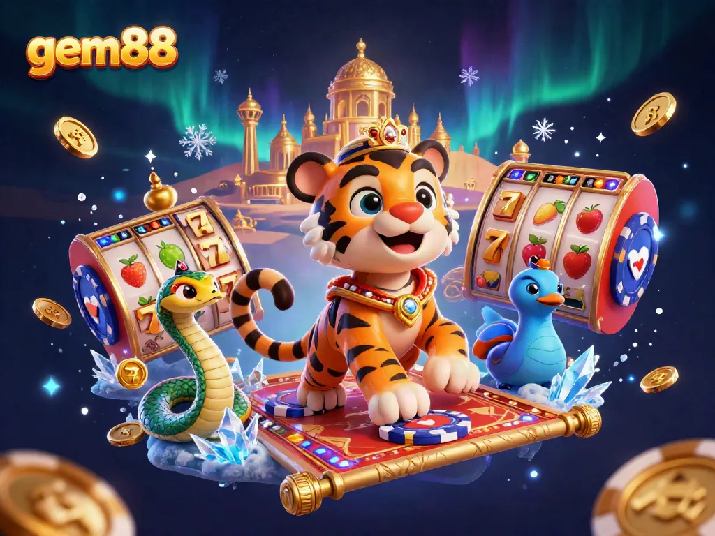 Experience the gem88 adventure with a tiger sultan and genie in a dazzling casino themed scene.