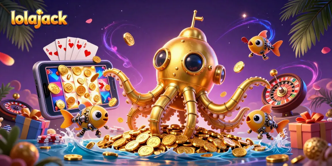 Engage with lolajack as a golden kraken submarine surfaces through coins and games, showcasing fun gameplay.