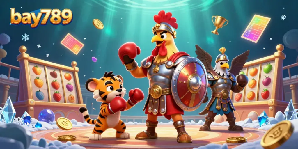 Experience thrilling gameplay with bay789 featuring a vibrant scene of a gladiator rooster and cub in a dazzling casino.