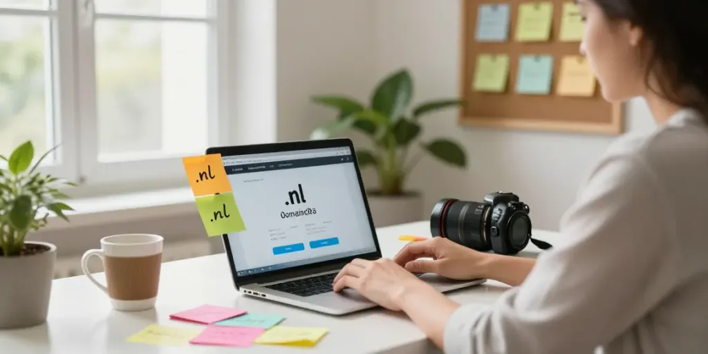 Een persoon die .nl domeinnaam kopen vergelijkt in een moderne thuiswerkplek met een laptop en notities.