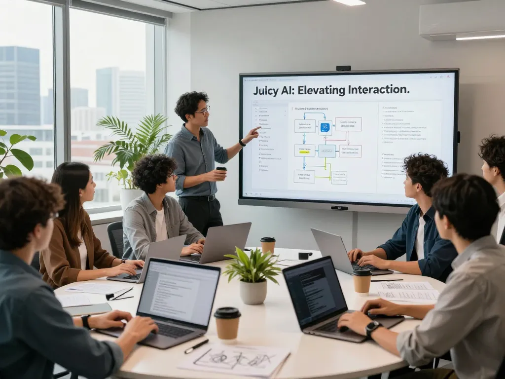 Juicy AI development team collaborating on innovative coding solutions in a modern office.