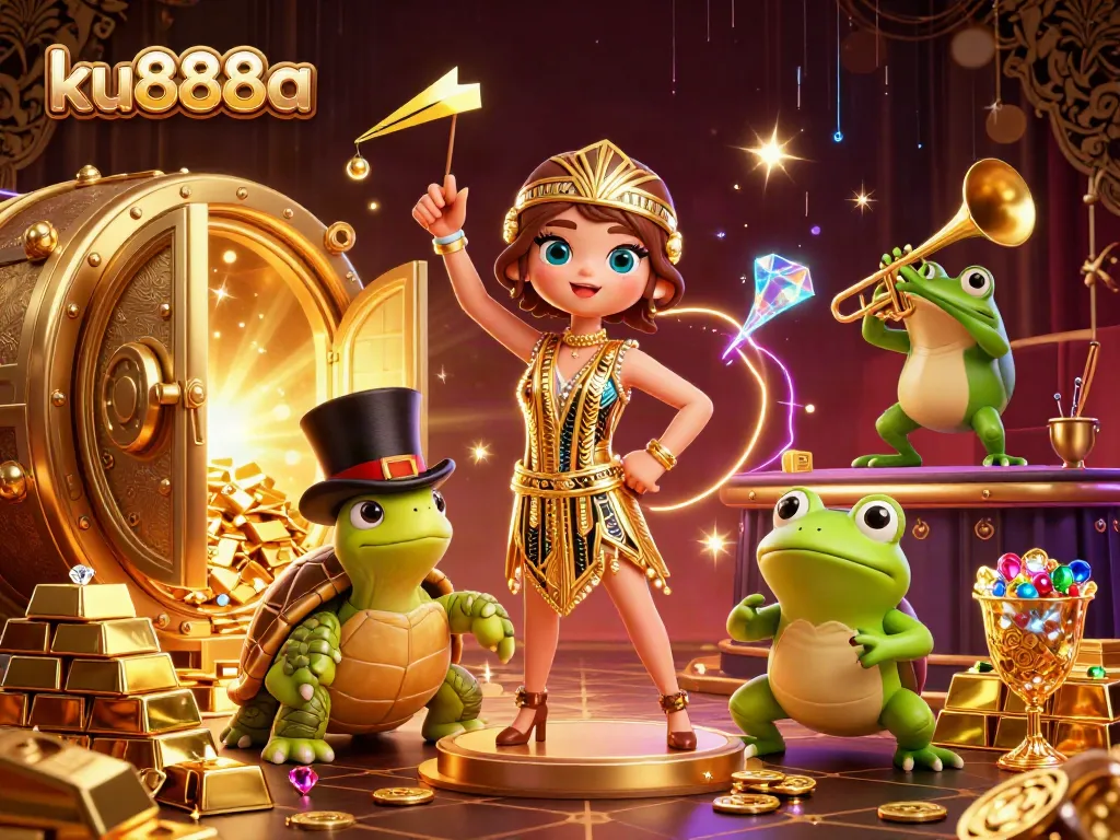 Celebrate winnings at ku888a with vibrant, dynamic casino characters surrounded by treasures and excitement.