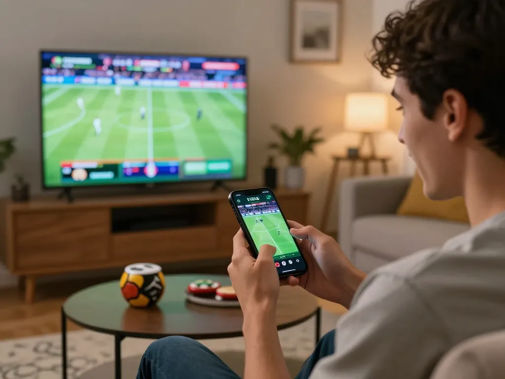 Player engaging with sports betting app at home, showcasing PHPVIP excitement and convenience.
