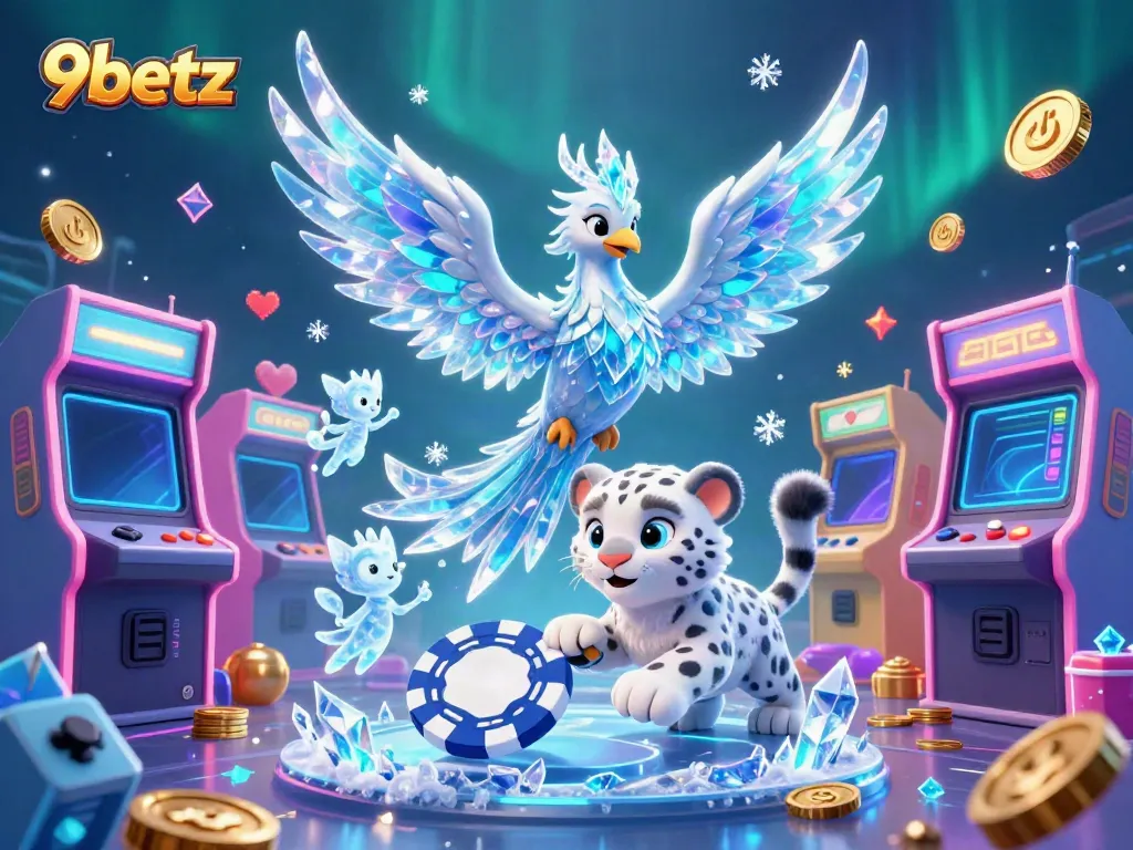 Engage in slots action with 9betz, featuring an ice phoenix and vibrant casino elements.