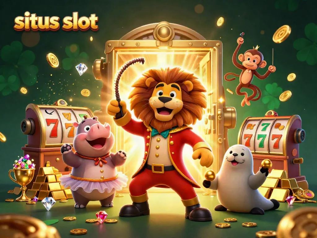 Engage with situs slot through a vibrant scene showcasing characters, slot reels, and treasures in dynamic motion.