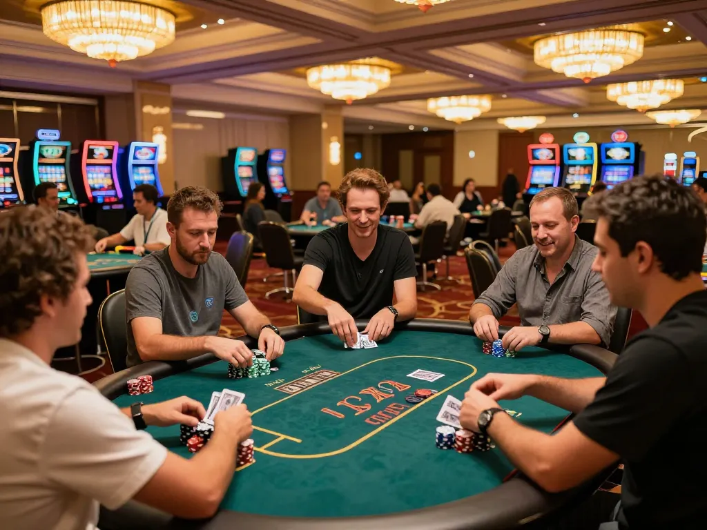 Red 88 casino scene with players celebrating wins at poker tables, vibrant atmosphere.