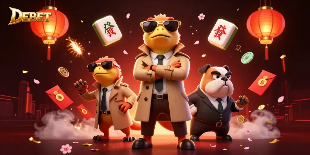 DEBET engages players in a vibrant casino scenario with 3D cartoon raptors amidst dynamic game elements.