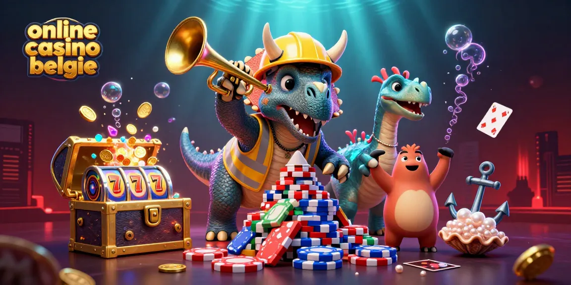 Experience excitement with online casino belgie as cartoon dinosaurs celebrate wins at a vibrant poker chip pyramid.