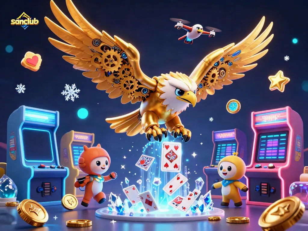 Experience thrilling gameplay with sanclub's vibrant 3D casino illustration showcasing a cybernetic eagle amidst holographic cards.