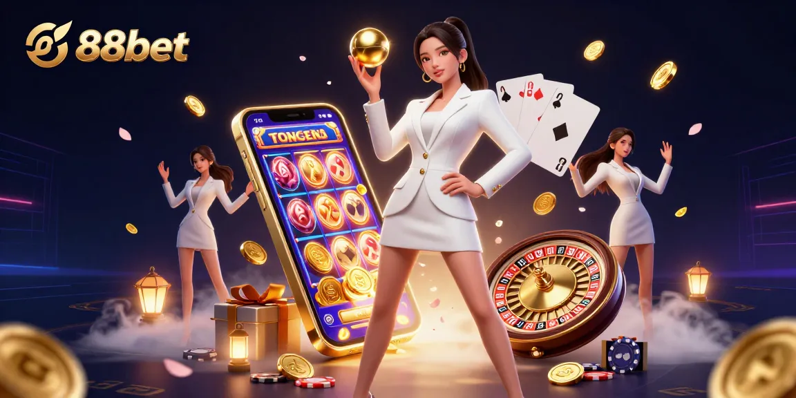 Experience the excitement of 88bet with a stunning illustration of a stylish Asian woman holding a roulette ball.