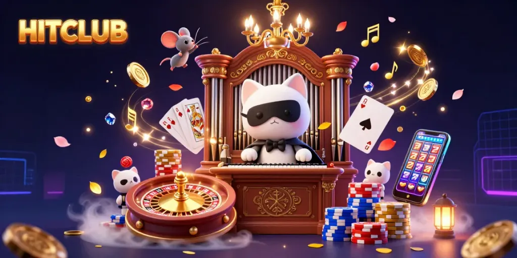 Experience HITCLUB with vibrant casino elements and characters bringing luck and excitement to players.