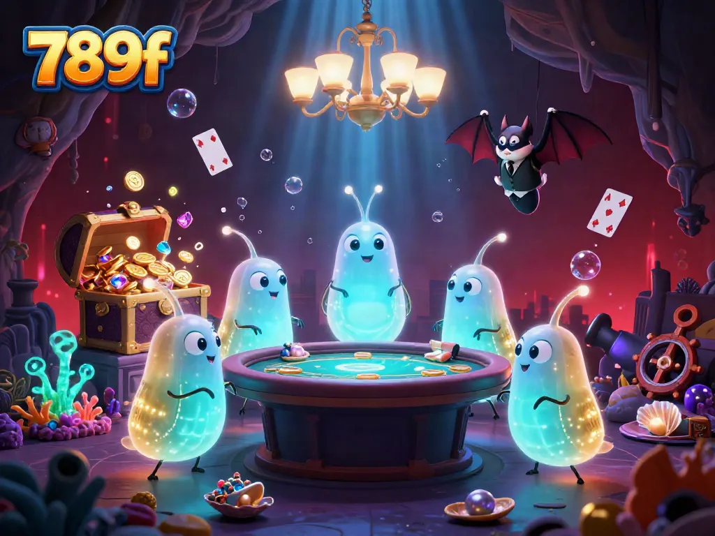 Experience the thrilling 789f casino ambiance as glowworms illuminate a lively poker game.