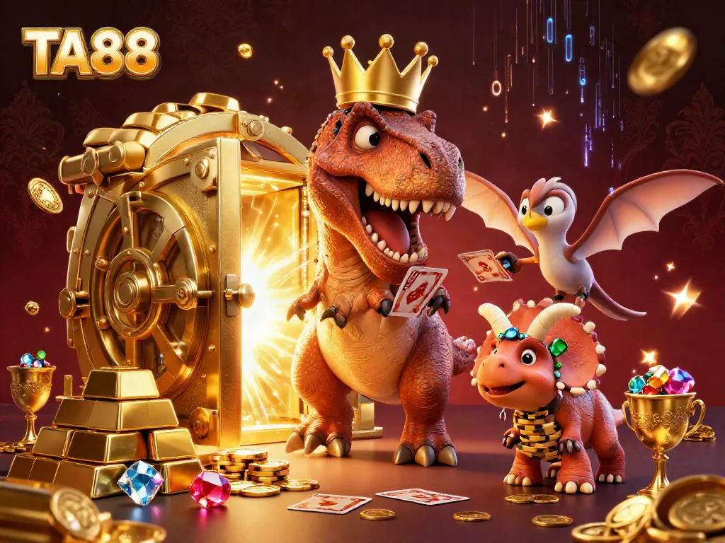 TA88 entertains with a cartoon T-Rex shuffling cards, a pterodactyl assisting, and a triceratops stacking chips.