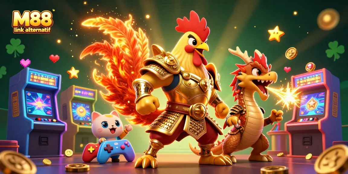 Experience thrilling gameplay with M88 link alternatif showcasing a dynamic casino scene featuring a fighting rooster warrior.