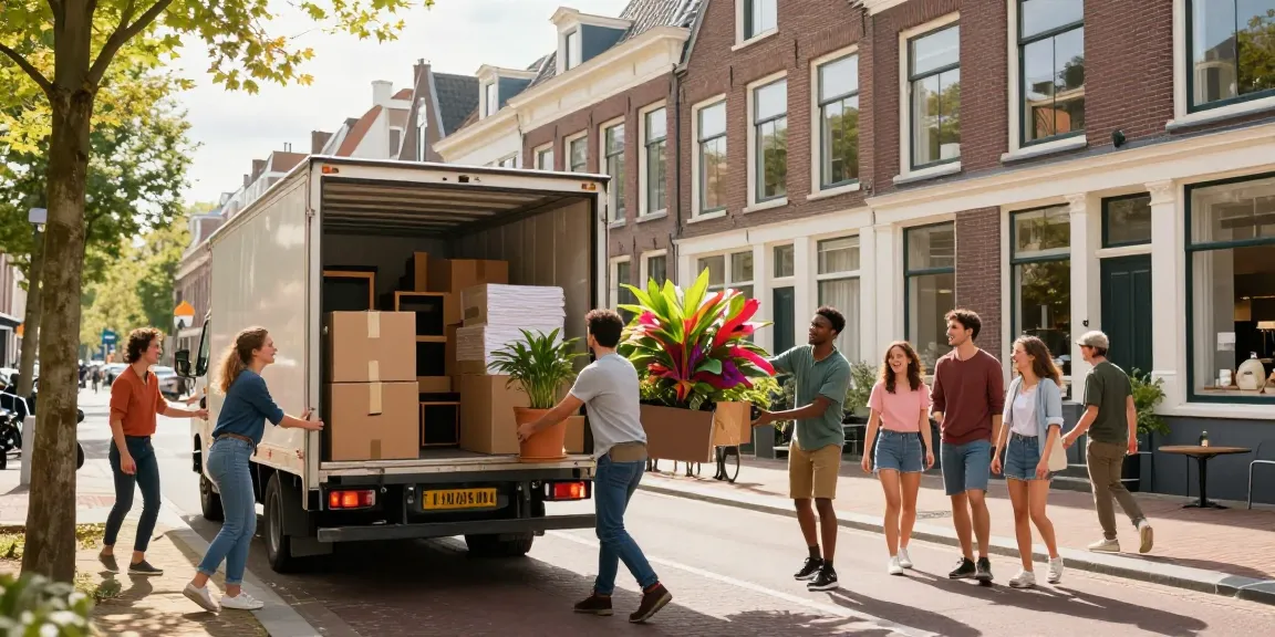 Efficient verhuisbedrijf den haag team helping a family move, showcasing vibrant urban setting.