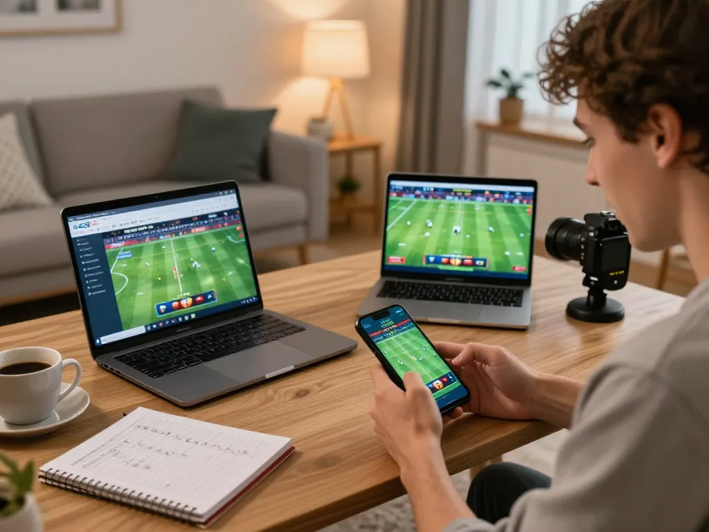 Person placing bets on g28 com in a cozy living room with smartphone and laptop setup