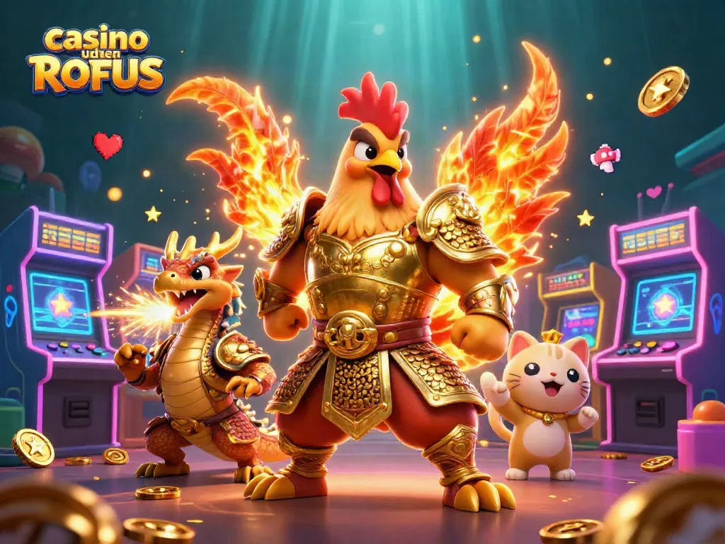 Engage with casino uden ROFUS through a vibrant battle scene featuring warriors and gaming elements.