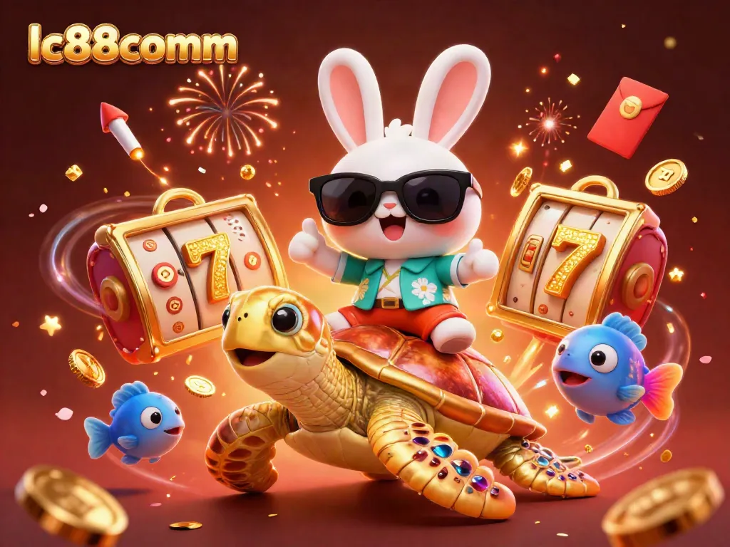 Experience the excitement at lc88comm with a lively scene featuring a lucky rabbit and golden sea turtle amidst slot reels and festive elements.