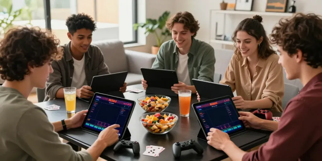 Friends enjoying online betting at RED88's platform, surrounded by gaming paraphernalia and snacks.