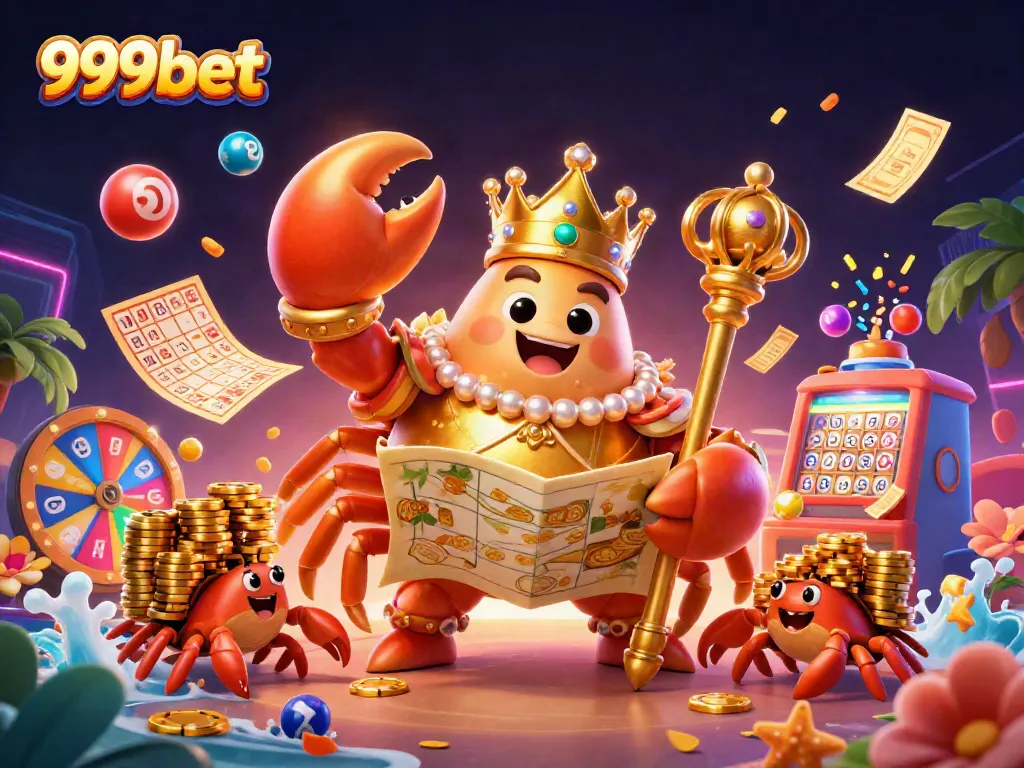 Experience the vibrant world of 999bet with an epic golden crab emperor amidst dynamic lottery elements!