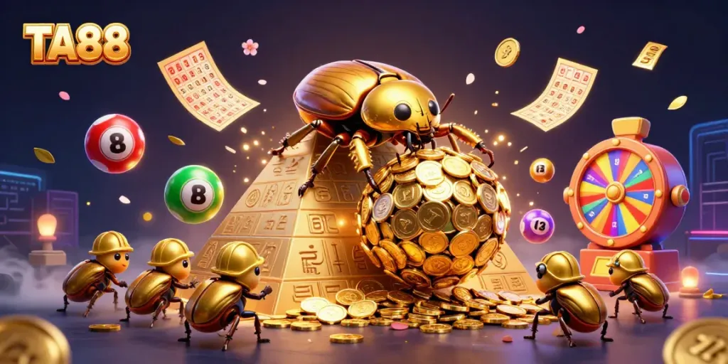 Experience the excitement of TA88 with a vibrant illustration showcasing golden coins and interactive lottery elements.