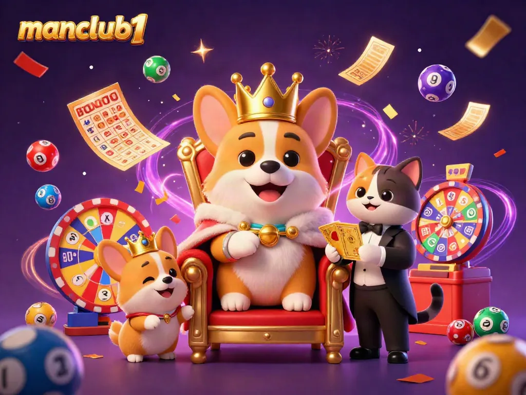 Engage with manclub1 as royal corgi on poker chip throne amidst vibrant game elements and confetti.