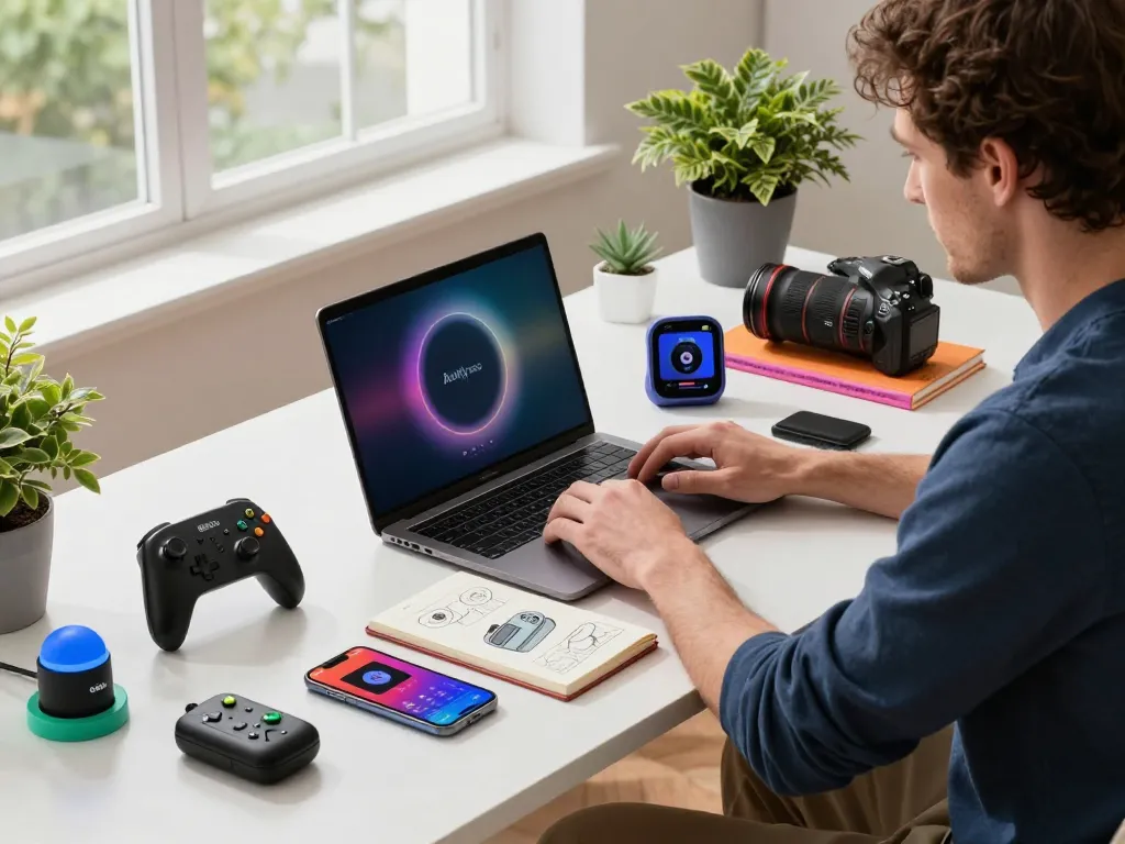 Showcasing the best tech gadgets for men in a vibrant workspace with Bluetooth devices and a laptop.