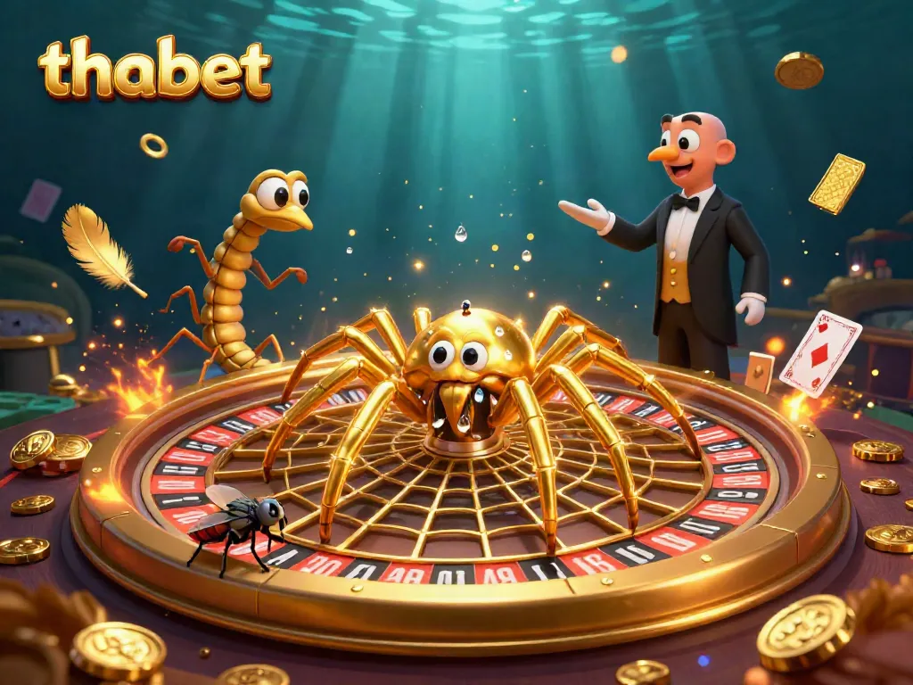 Experience high-stakes gaming at thabet with a dynamic casino scene featuring a golden spider and centipede dealer.