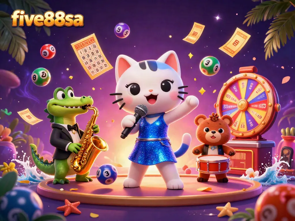 Explore the vibrant world of five88sa with lively characters celebrating jackpot wins amid colorful casino elements.
