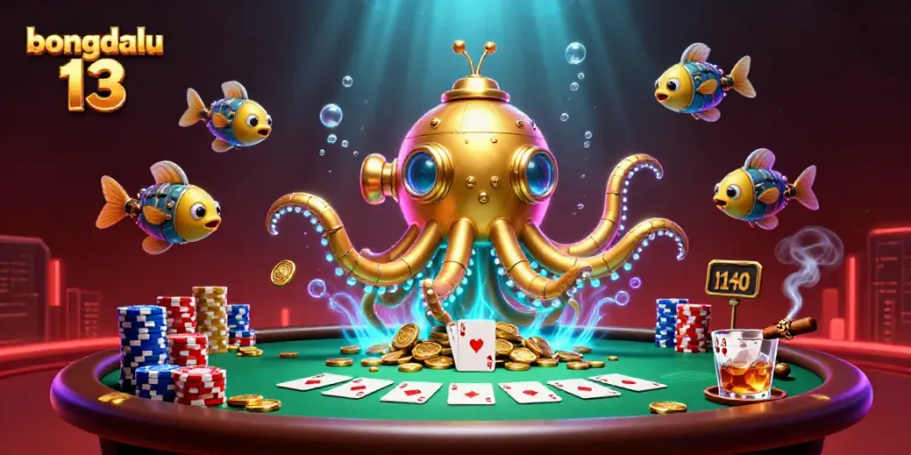 Experience the excitement of bongdalu 13 with a golden kraken submarine and poker elements.