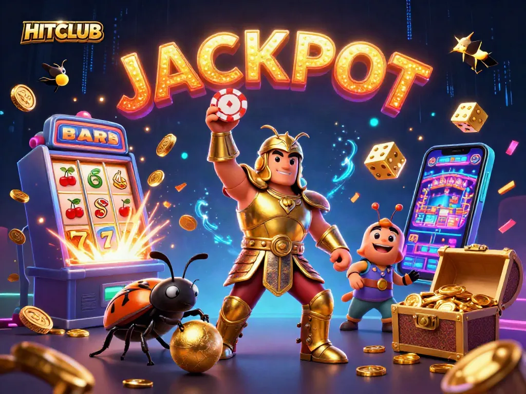 Experience the thrill of HITCLUB as cartoon characters celebrate the jackpot win amidst vibrant casino symbols.