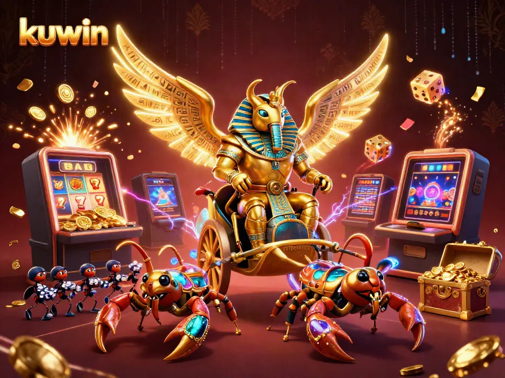 Kuwin brings excitement with a golden scarab beetle and scorpions in an engaging casino scene full of slot machines and treasures.
