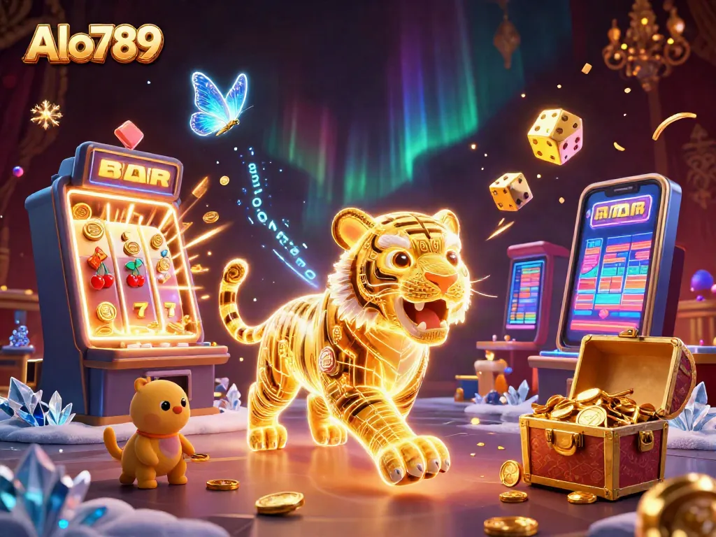 Alo789 showcases a vibrant casino scene with a glowing tiger and dazzling jackpots, capturing the thrill of gaming