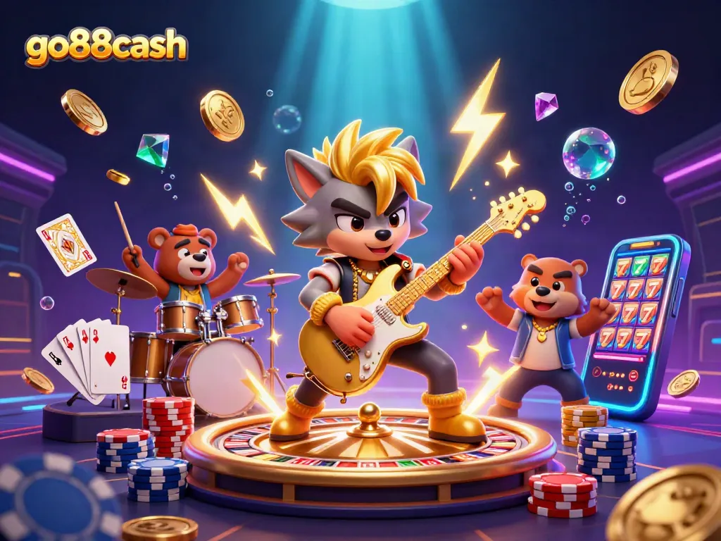 Win big with go88cash as the rock star wolf and bear drummer hype the casino experience.