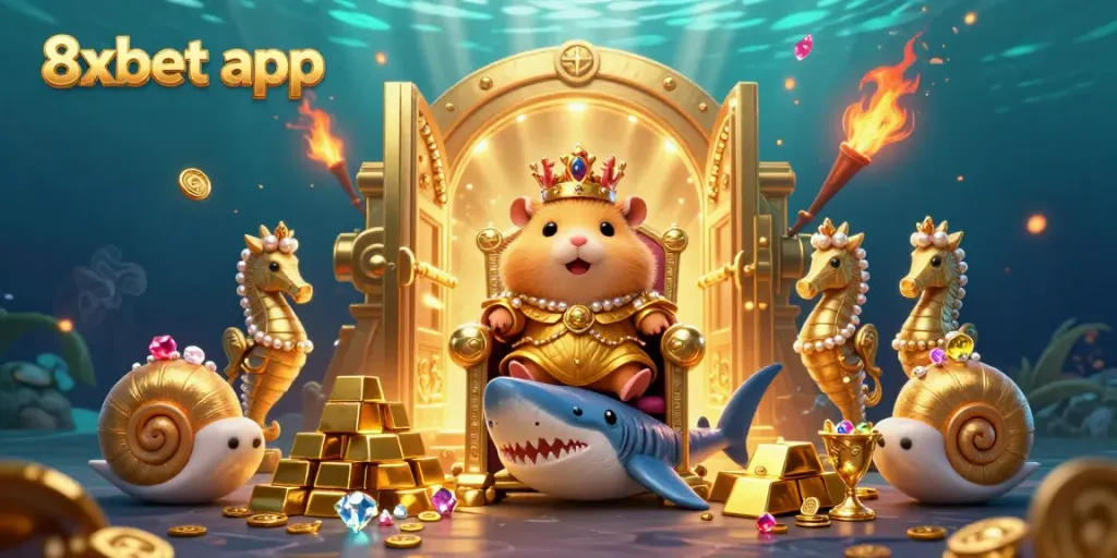 Experience the excitement of the 8xbet app with the golden hamster king and treasure galore in this 3D casino illustration.