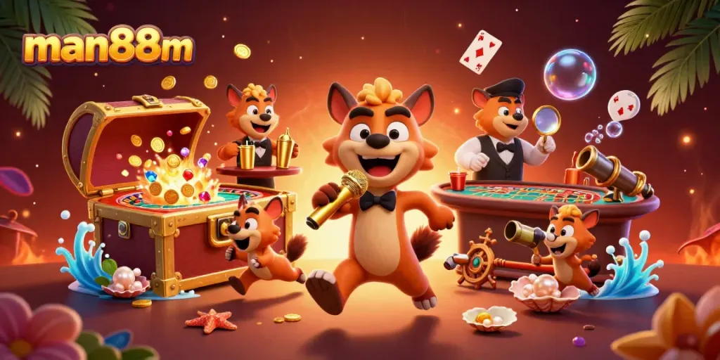 Engage in vibrant casino fun with man88m's lively hyena characters amidst floating gaming elements.