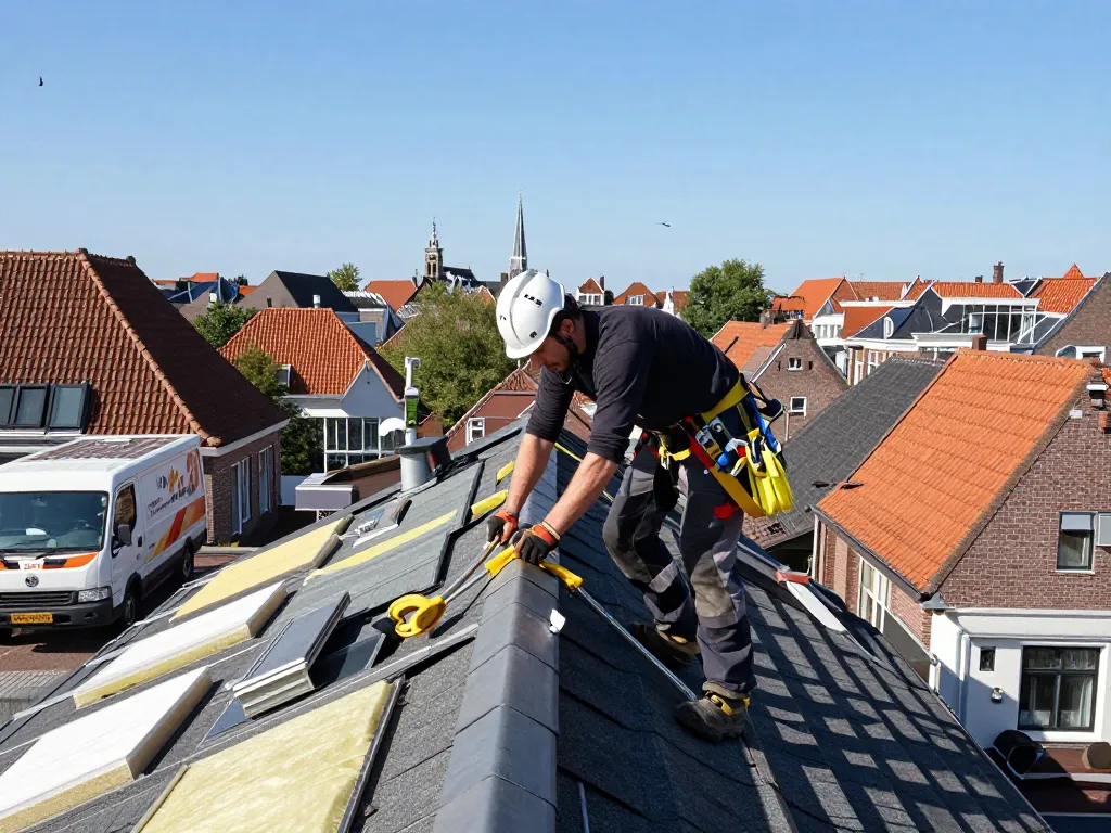 Professionele dakdekker aan het werk op een dak in Utrecht, die de vaardigheden van een expert dakdekker laat zien.