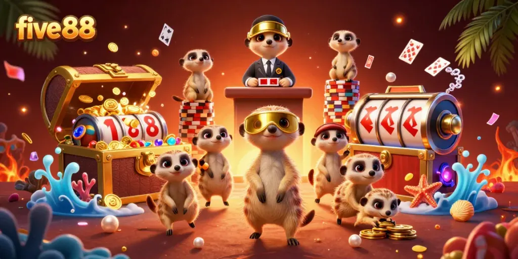 Experience the thrill of five 88 with meerkats operating a dynamic casino scene filled with vibrant game elements.