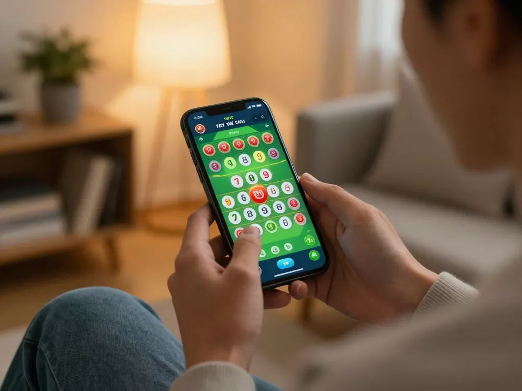 Engaging in app tài xỉu game on mobile device in a cozy setting, reflecting strategy and excitement.