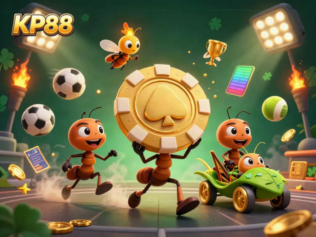 Engaging KP88 scene with ants carrying a massive poker chip in a dynamic gambling illustration.