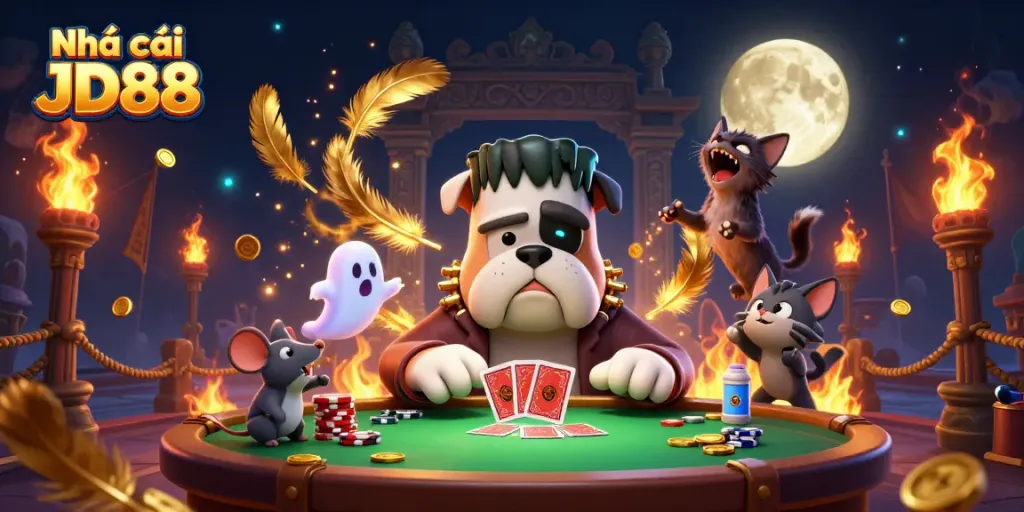Experience thrilling gaming at Nhà cái JD88 with a lively 3D illustration showcasing unique casino characters in action.