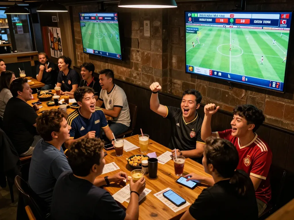 Kèo nhà cái betting excitement among fans in a sports bar during a live football match, showcasing vibrant atmosphere and camaraderie.