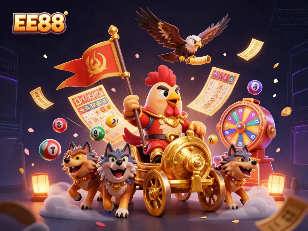 Experience thrilling wins with EE88's cartoon characters in a dynamic casino scene.