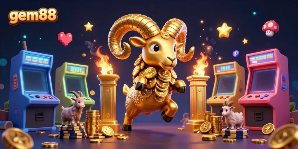 Experience gem88's vibrant gaming world featuring a golden ram amidst arcade machines, ideal for a thrilling casino atmosphere.