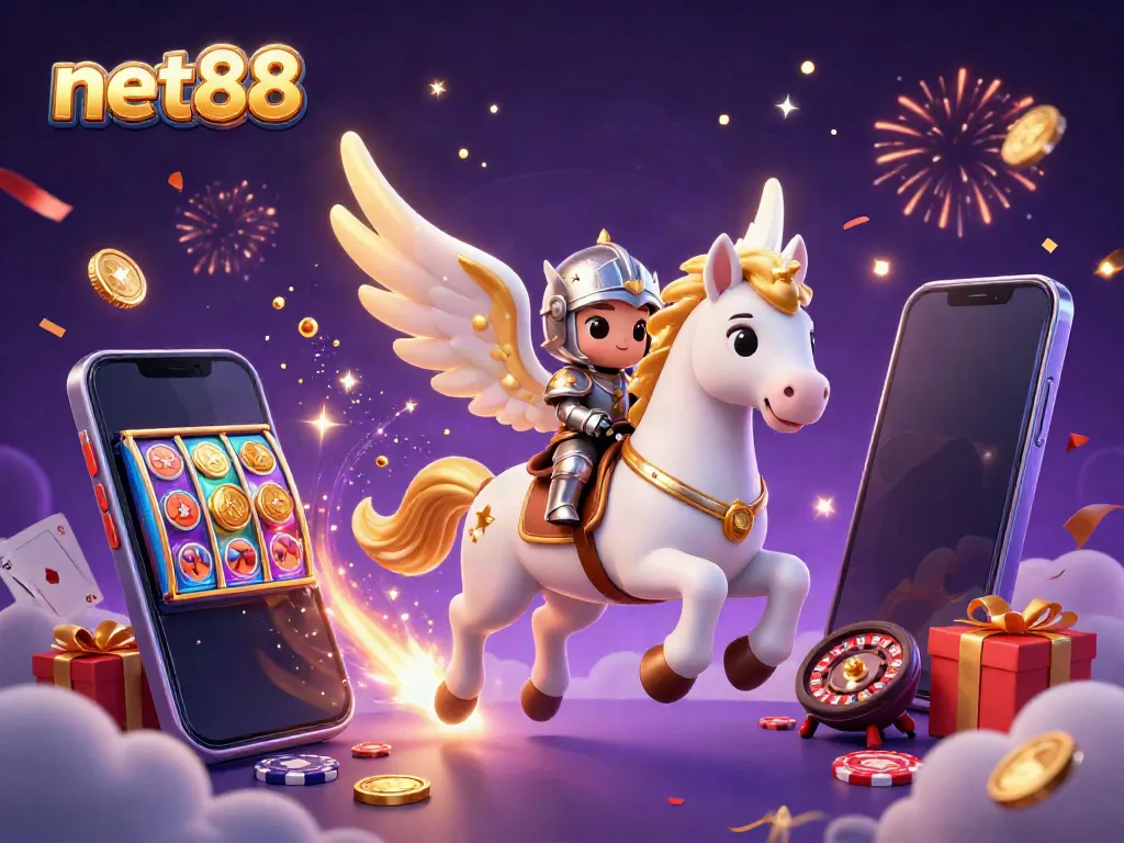 Experience the excitement of net88 with a 3D illustration showcasing a celestial horse and vibrant casino elements.