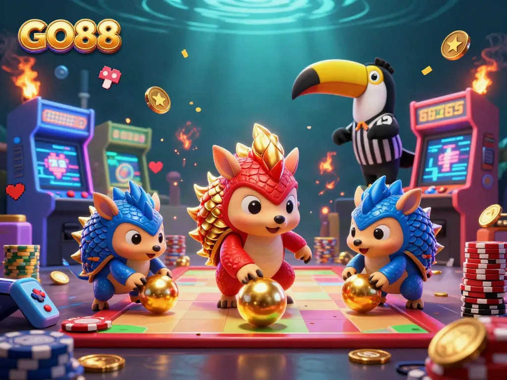 Engage with exciting GO88 gaming moments, as rival pangolins bowl through poker chips amidst colorful casino elements.