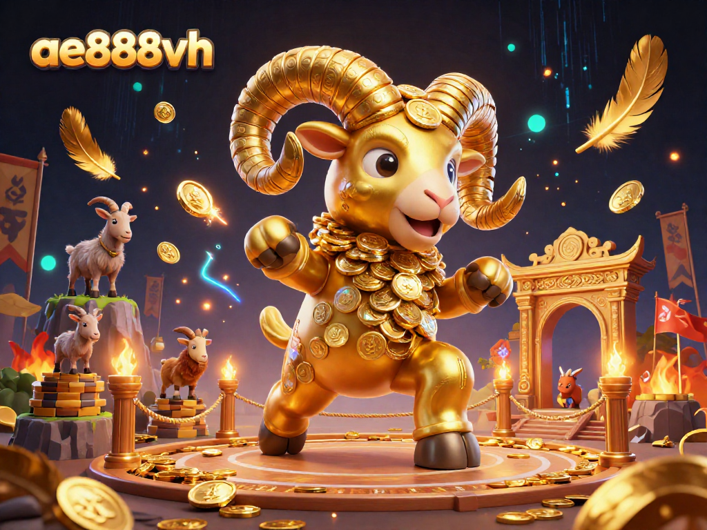 ae888vh showcases an energetic scene of a golden ram charging through a vibrant casino arena.