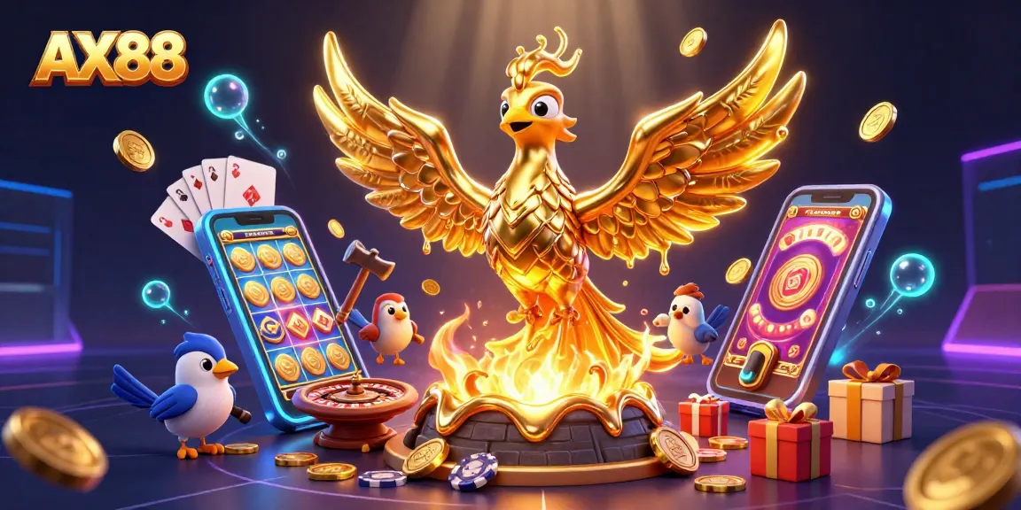 Experience gaming excitement at AX88 with a molten golden phoenix and dynamic casino elements.