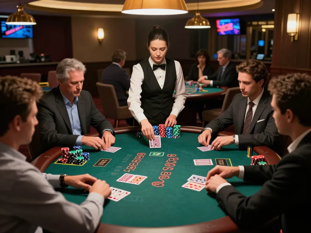 Players at a blackjack table engaged in strategy and gameplay at rik88 casino, illuminated by warm lighting.