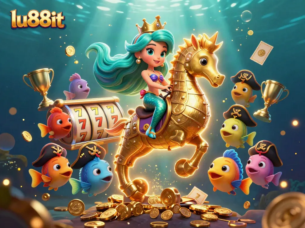Spin and win with lu88it in this vibrant 3D casino illustration of a mermaid and seahorse.